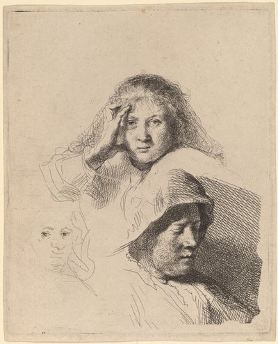 Drie Hoofden van Vrouwen, Eén Lichtjes Geëtst door Rembrandt van Rijn