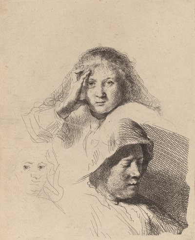 Drie Hoofden van Vrouwen, Eén Licht Gebeiteld, ca. 1637 door Rembrandt van Rijn