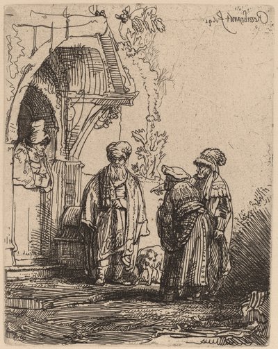 Drie oosterse figuren (Jacob en Laban?) door Rembrandt van Rijn