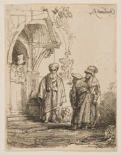 Drie oosterse figuren (Jacob en Laban?) door Rembrandt van Rijn