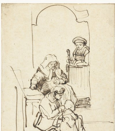 Drie vrouwen en een kind bij een deur door Rembrandt van Rijn