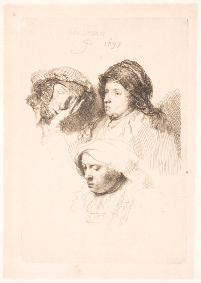 Drie hoofden van vrouwen, één slapend door Rembrandt van Rijn