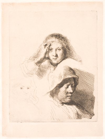 Drie vrouwenhoofden, één licht geëtst door Rembrandt van Rijn