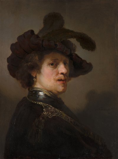 Tronie van een man met een gevederde baret, ca 1635-1640 door Rembrandt van Rijn