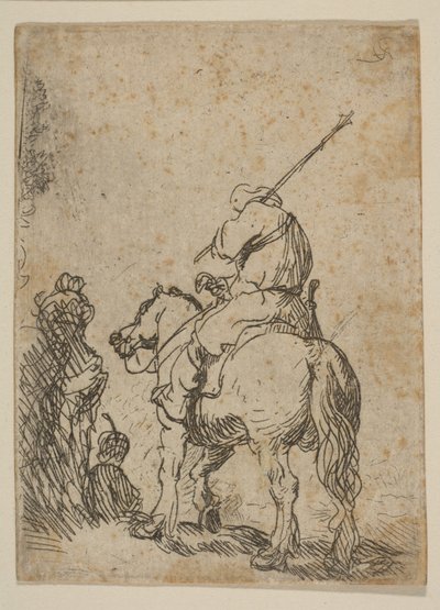 Geturband soldaat te paard door Rembrandt van Rijn