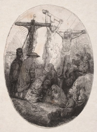 Kruisiging tussen twee misdadigers (ovale plaat) door Rembrandt van Rijn