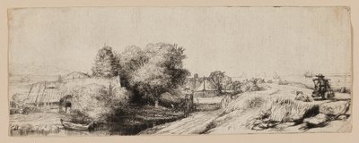Uitzicht op de Diemerdijk met een Melkman en Huisjes door Rembrandt van Rijn