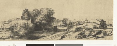 Gezicht op de Diemerdijk met een melkman en huisjes door Rembrandt van Rijn