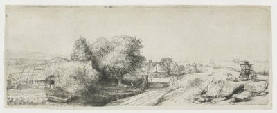 Uitzicht op de Diemerdijk met een melkboer en huisjes door Rembrandt van Rijn