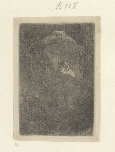 Vrouw in een deuropening, pratend met een man met kinderen door Rembrandt van Rijn