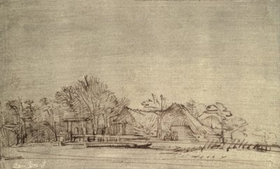Winterlandschap met huisjes tussen bomen, c.1650 door Rembrandt van Rijn