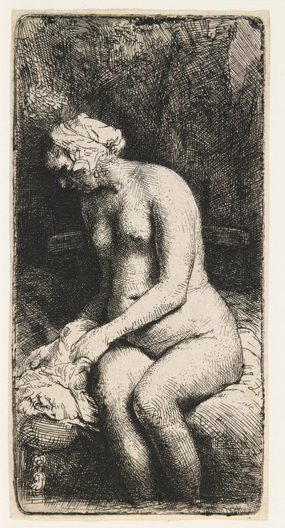 Vrouw die haar voeten baadt in een beek door Rembrandt van Rijn