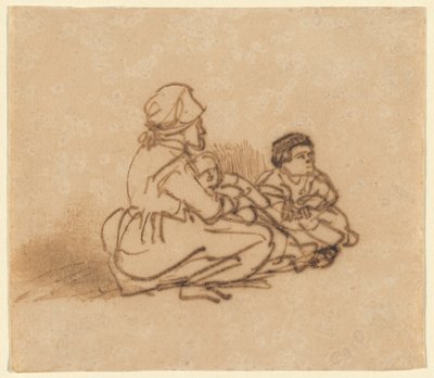 Vrouw zittend op de grond met twee kinderen door Rembrandt van Rijn