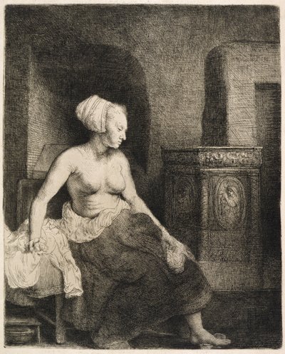 Vrouw die halfgekleed naast een kachel zit, 1658 door Rembrandt van Rijn