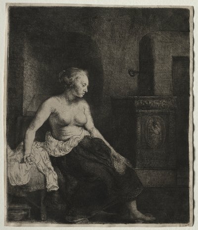 Zittende half aangeklede vrouw naast een kachel door Rembrandt van Rijn