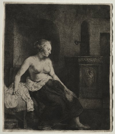 Vrouw die half aangekleed naast een kachel zit, 1658 door Rembrandt van Rijn
