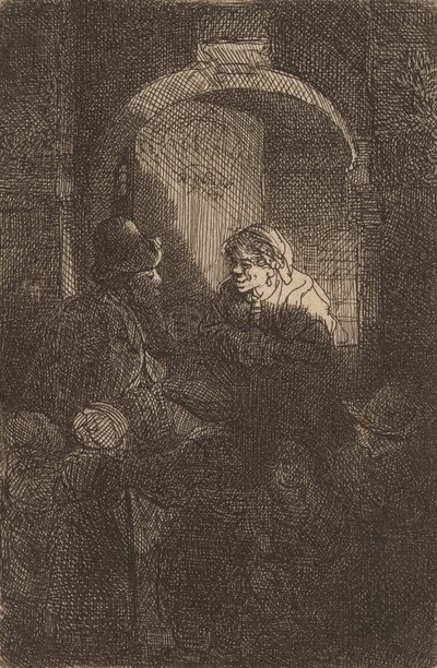 Vrouw bij een deur luik pratend met een man en kinderen De schoolmeester door Rembrandt van Rijn