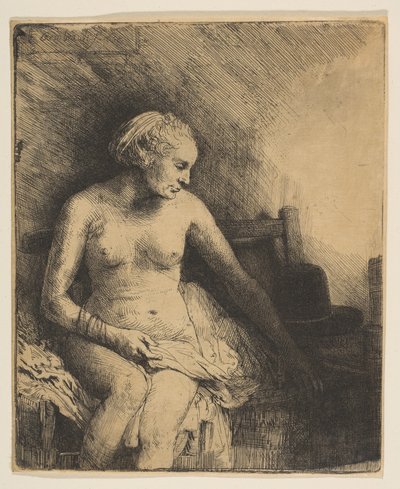 Vrouw in bad met een hoed naast haar, 1658 door Rembrandt van Rijn
