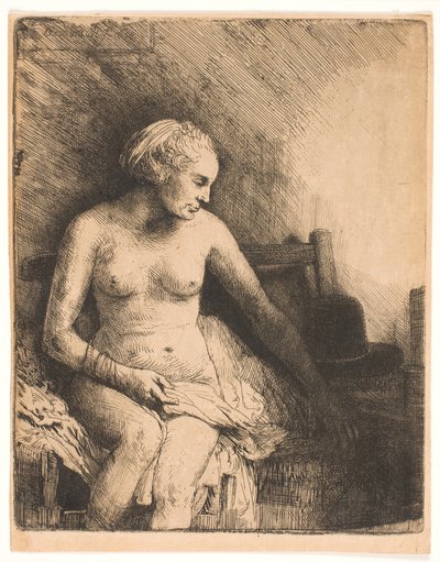 Vrouw in bad, met een hoed naast haar door Rembrandt van Rijn