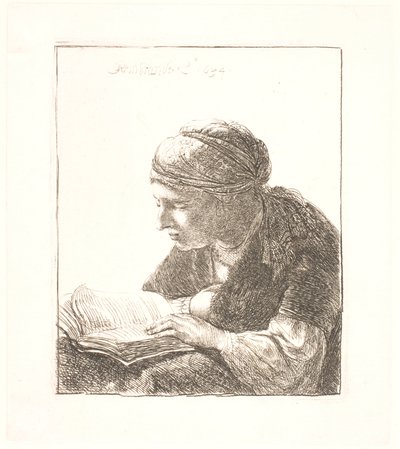 Vrouw die aan het lezen is door Rembrandt van Rijn