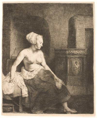 Vrouw zittend half gekleed naast een kachel door Rembrandt van Rijn