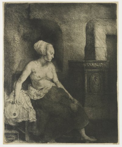 Vrouw zittend half gekleed naast een kachel door Rembrandt van Rijn
