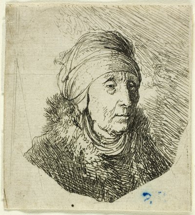 Vrouw met een hoge hoofddoek om de kin gewikkeld: buste door Rembrandt van Rijn