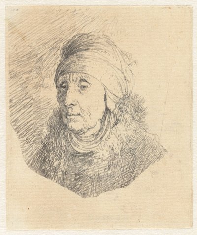 Vrouw met een hoge hoofdtooi die om de kin is gewikkeld: buste door Rembrandt van Rijn