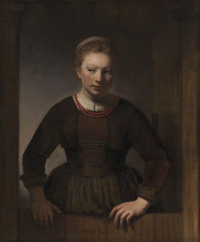 Jonge vrouw bij een open halve deur, 1645 door Rembrandt van Rijn