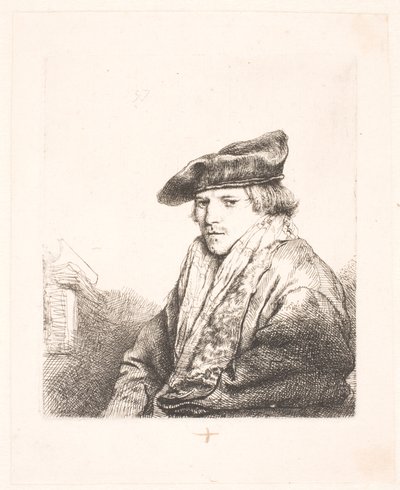 Jonge man met een fluwelen pet met boeken naast hem door Rembrandt van Rijn
