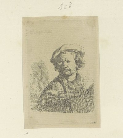 Zelfportret met baret en bewerkte mantel door Rembrandt van Rijn