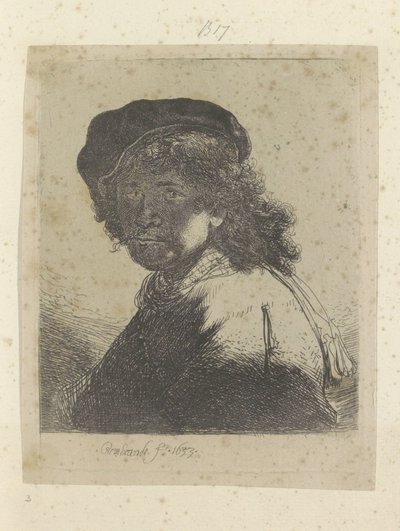 Zelfportret met baret en halsdoek, het gezicht in de schaduw door Rembrandt van Rijn