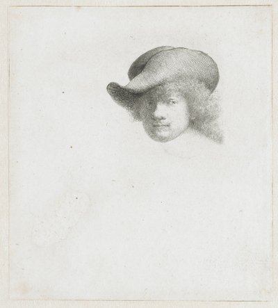 Zelfportret met slappe hoed en bewerkte mantel door Rembrandt van Rijn