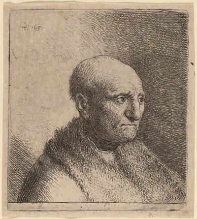 Kale man in een bontjas door Rembrandt van Rijn and Studio of Rembrandt