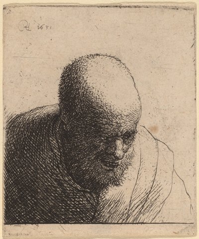 Kale Man met Open Mond, Kijkt Naar Beneden door Rembrandt van Rijn and Studio of Rembrandt