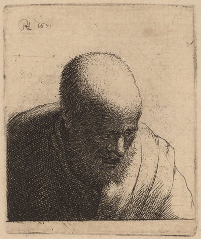 Kale Man met Open Mond, Kijkt Naar Beneden door Rembrandt van Rijn and Studio of Rembrandt