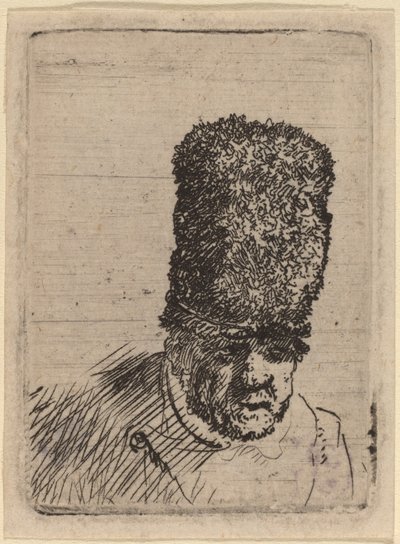 Hoofd van een oude man met hoge bontmuts door Rembrandt van Rijn and Studio of Rembrandt