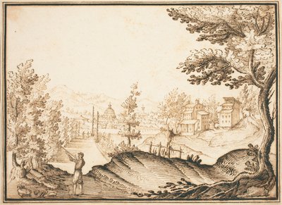 Een landschap met een koepelgebouw door Remigio Cantagallina