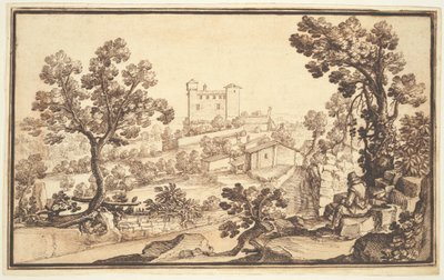 Landschap met een Rustende Man, Boerderijen en een Kasteel door Remigio Cantagallina