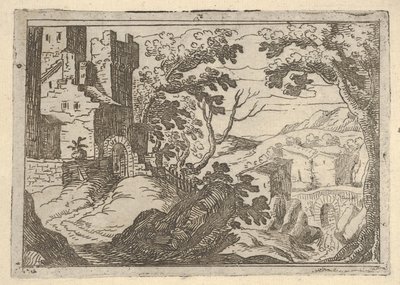Landschap met gebouwen links en een brug rechts beneden door Remigio Cantagallina