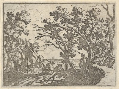 Landschap met visser aan de kust en mannelijke toeschouwer onder bomen, een man in een boot door Remigio Cantagallina