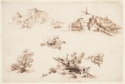 Schetsen van gebouwen en bomen door Remigio Cantagallina