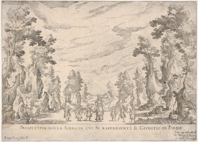 Gezicht op de scène waarin het Oordeel van Paris wordt weergegeven Prospettiva della scena i..., 1608 door Remigio Cantagallina