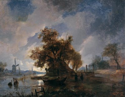 Duits: Nederlands rivierlandschap in het maanlicht Nederlands rivierlandschap in het maanlicht door Remigius Adrianus Haanen