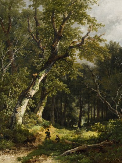 Boslandschap met twee jagers door Remigius Adrianus Haanen