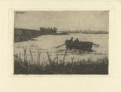 Roeiboot met twee figuren op de Zaan door Remmert Dekker