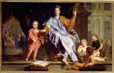 De welsprekendheid Allegorie van de welsprekendheid gekroond, op de achtergrond, koning Lodewijk XIV voor zijn hovelingen door René Antoine Houasse