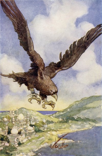 Een gigantische vogel genaamd een Roc (kleur litho) door René Bull