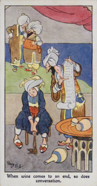 Oosters spreekwoord: Als de wijn op is, eindigt ook het gesprek (kleur litho) door René Bull