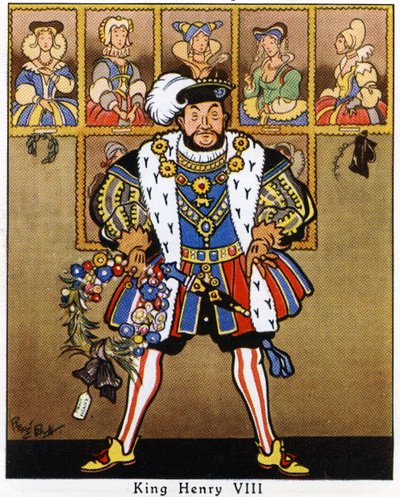 Koning Hendrik VIII versiert de portretten van zijn vrouwen met hulst, maretak en een krans voor Kerstmis, 1936 door René Bull